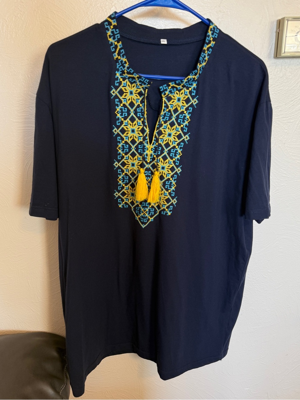 Men Navy Traditional Ukrainian Embroidered Tee Top with Yellow Tassels XL-2XL